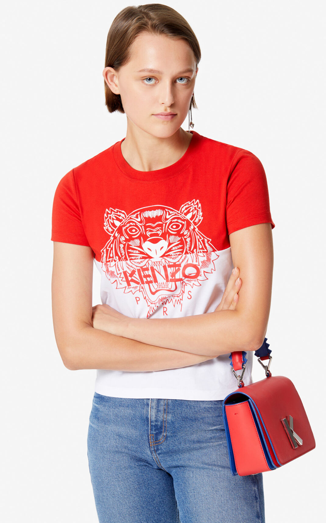 Kenzo Colorblock Tiger T Shirt Red For Womens 5710BXCDJ